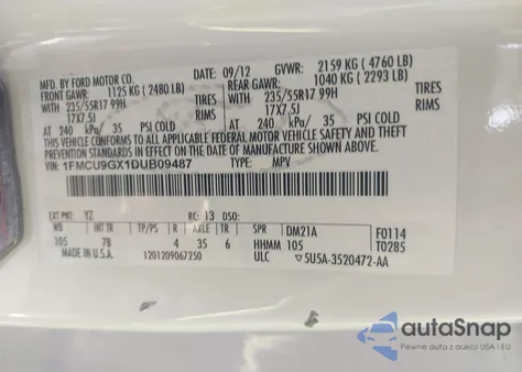 2013 Ford Escape Se z USA, uszkodzony, nr VIN 1FMCU9GX1DUB09487